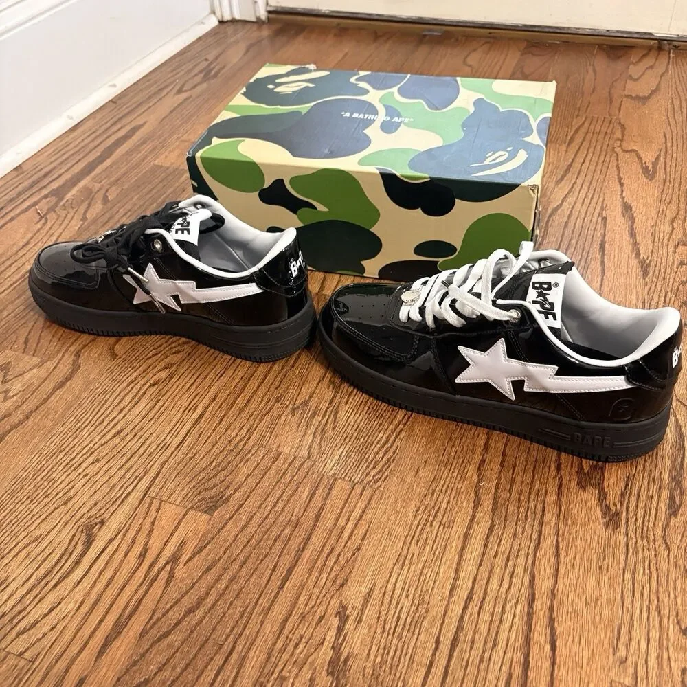 A Bathing Ape bape sta black & white patent leather size 10 w/ box & dust bag